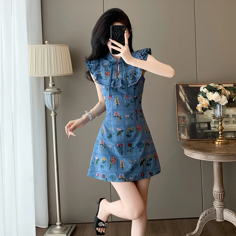 夏季时尚绝美碎花小飞袖改良旗袍裙新中式复古盘扣连衣裙女高级感