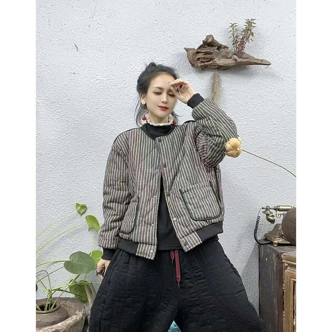 88826灰咖条夹棉棒球领拉扣棉袄外套（长60胸围134