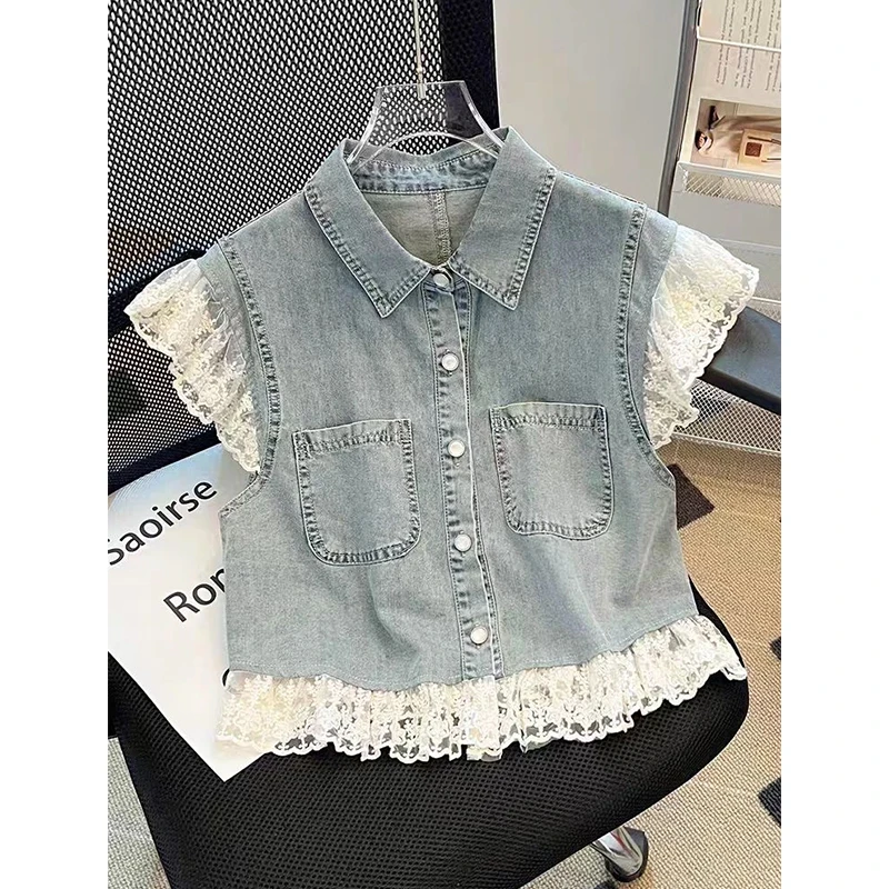 小香风蕾丝拼接Polo领短袖衬衫女夏季2025新款小飞袖叠穿牛仔外套