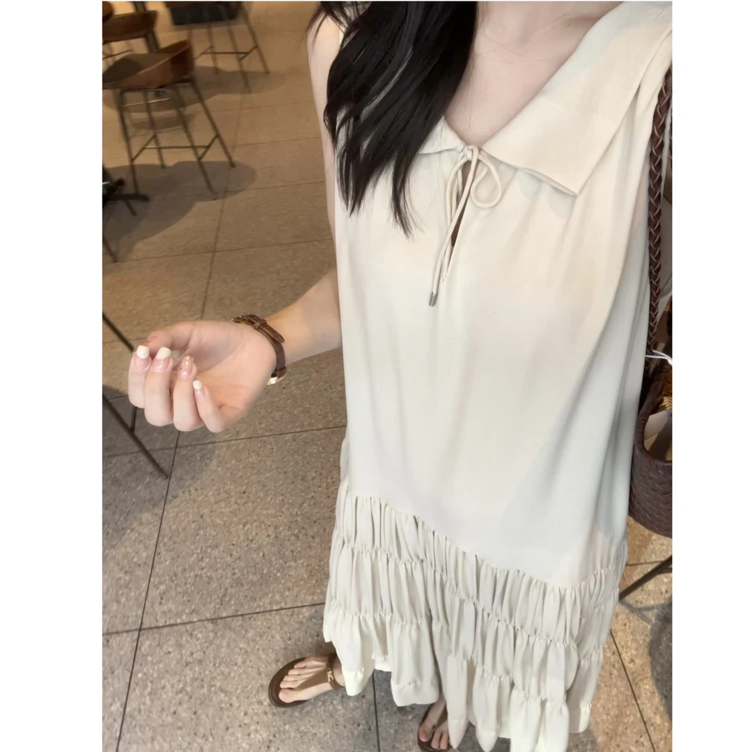 FAR ZOOM  醋酸抽褶系带无袖背心气质显瘦连衣裙