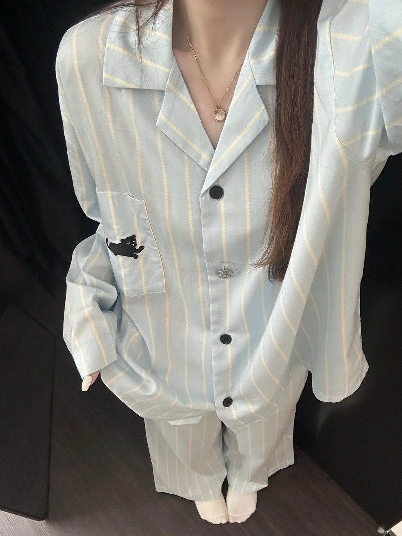 【DMXJ大梦想家】卡通小猫条纹睡衣女款夏季2025新款长裤家居服套装