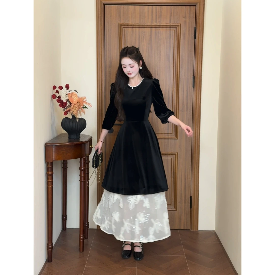 【枫糖黑巧】<77>法式优雅金丝绒拼接假两件连衣裙XMZH5783