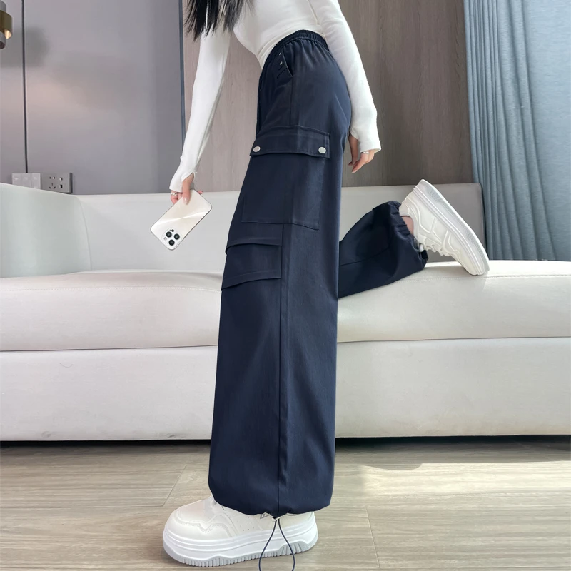 藏蓝色美式伞兵工装裤女秋季2025新款高腰休闲束脚阔腿登山运动裤