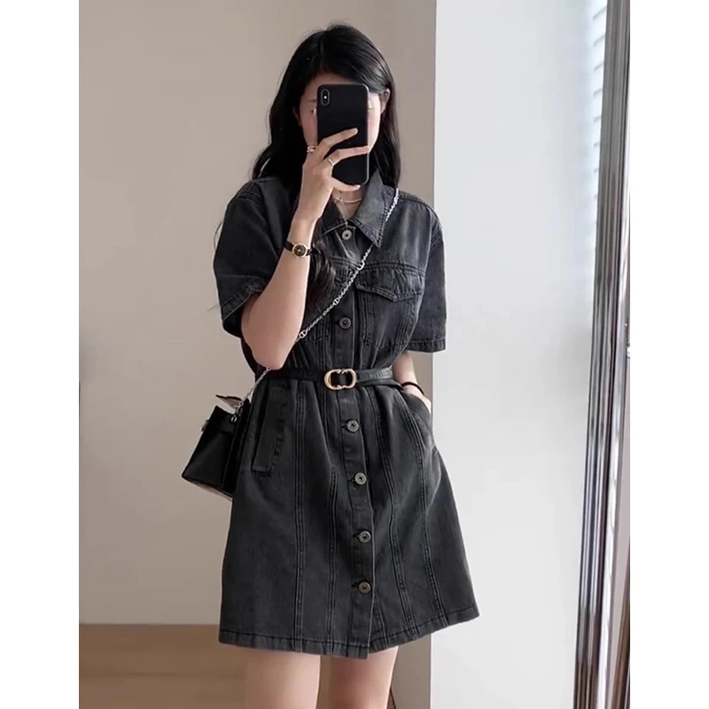 2025夏季复古港味时尚百搭显瘦做旧水洗polo领收腰牛仔连衣裙女