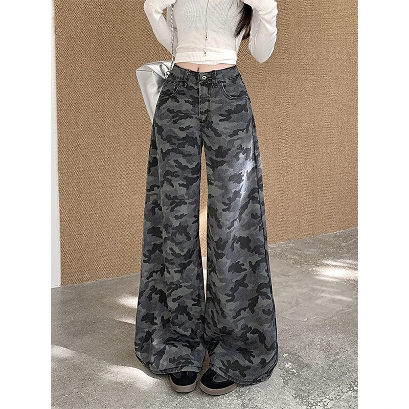 美式复古迷彩阔腿裤女秋季高腰小众宽松显瘦休闲拖地裤直筒牛仔裤