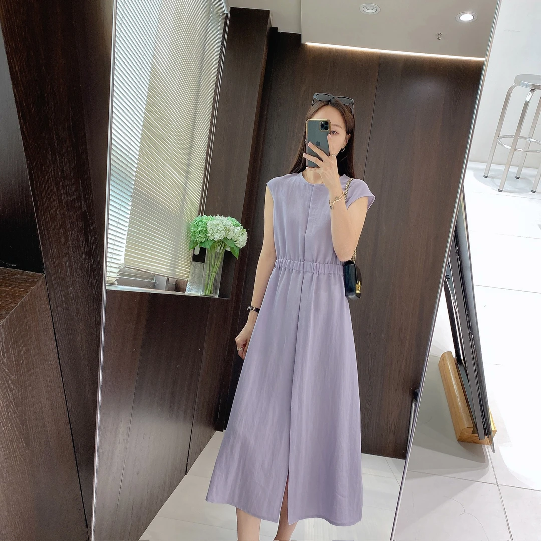 IMFLY金小金自制女装 莱赛尔连衣裙DYQ753纯色松紧腰无袖连衣裙女