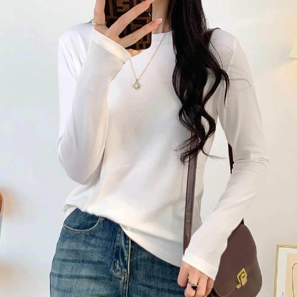 春季新款宽松圆领套头长袖打底显瘦别致休闲减龄基础款棉质T恤女