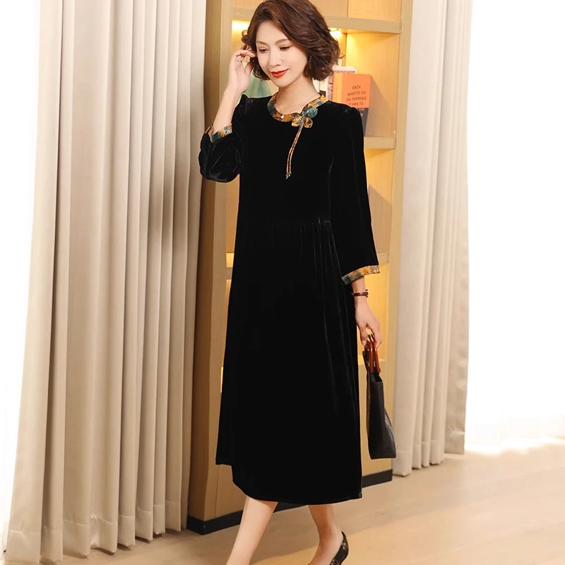 新款纯色真丝丝绒连衣裙女桑蚕丝阔太太高贵妈妈精致裙子气质春秋