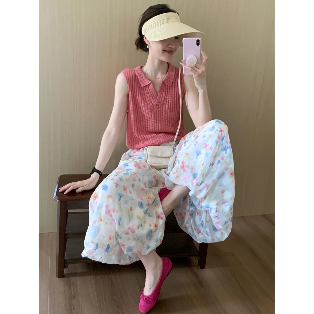 2025女夏季新款法式休闲薄款针织镂空翻领无袖POLO衫裤子套装女