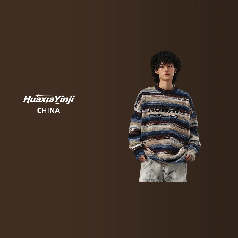 HUAXIAYINJI秋冬毛衣美拉德刺绣混纱条纹撞色圆领套头情侣针织衫
