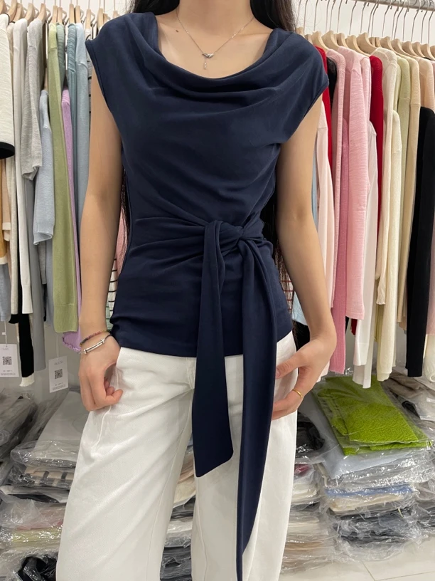 2025年夏装新款时尚百搭显瘦设计感小众荡领一字肩斜肩系带983