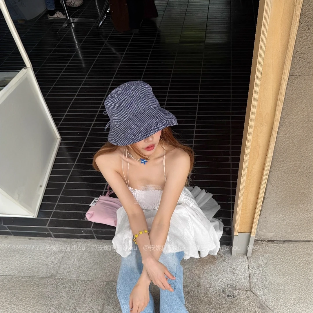 原创设计格子渔夫帽女款夏季百搭防晒帽显脸小水桶帽子盆帽ins潮