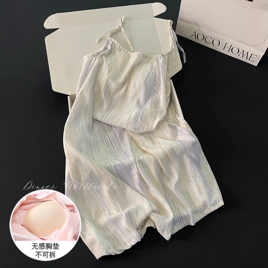 吊带睡裙女夏季睡衣带胸垫可外穿大码凉感绑带竖纹中长裙子家居服