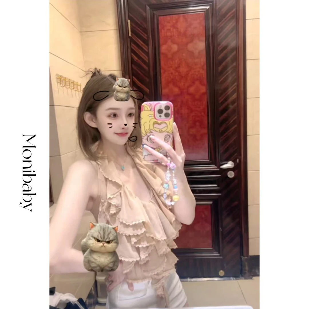 Moni【也太美了】纯欲辣妹荷叶边重工雪纺层层花边上衣