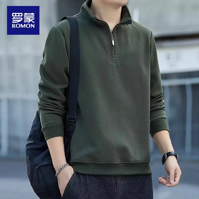 罗蒙卫衣男士长袖宽松立领半拉链春秋季纯色潮流百搭套头休闲T恤