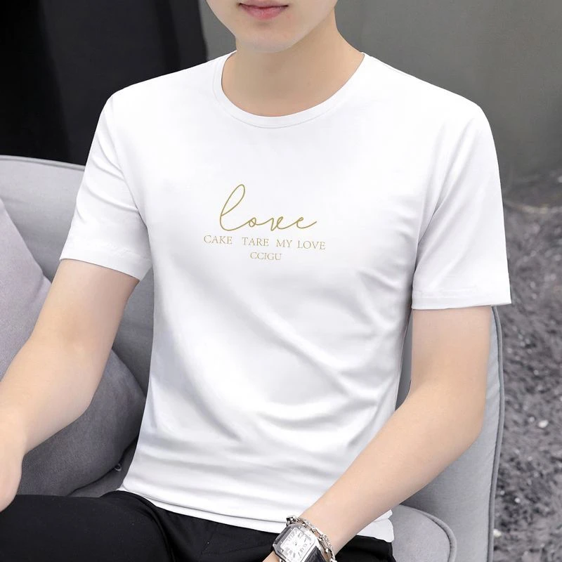 白色短袖男2025夏季圆领半袖透气T恤潮流修身款休闲百搭上衣服男