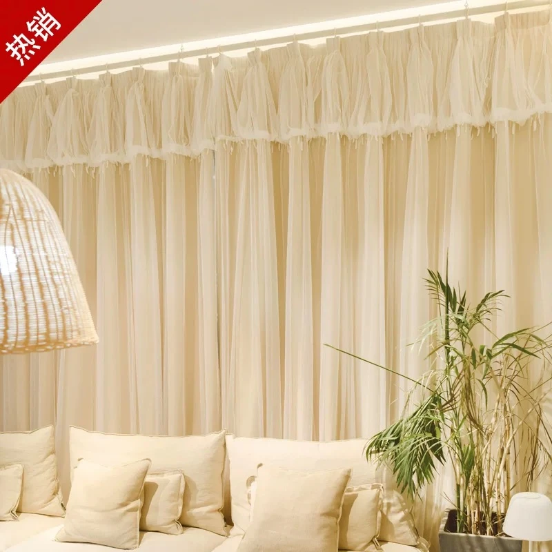 蒙娜丽莎飘窗帘公主风奶油风双层高遮光窗帘布纱客厅卧室浪漫氛围