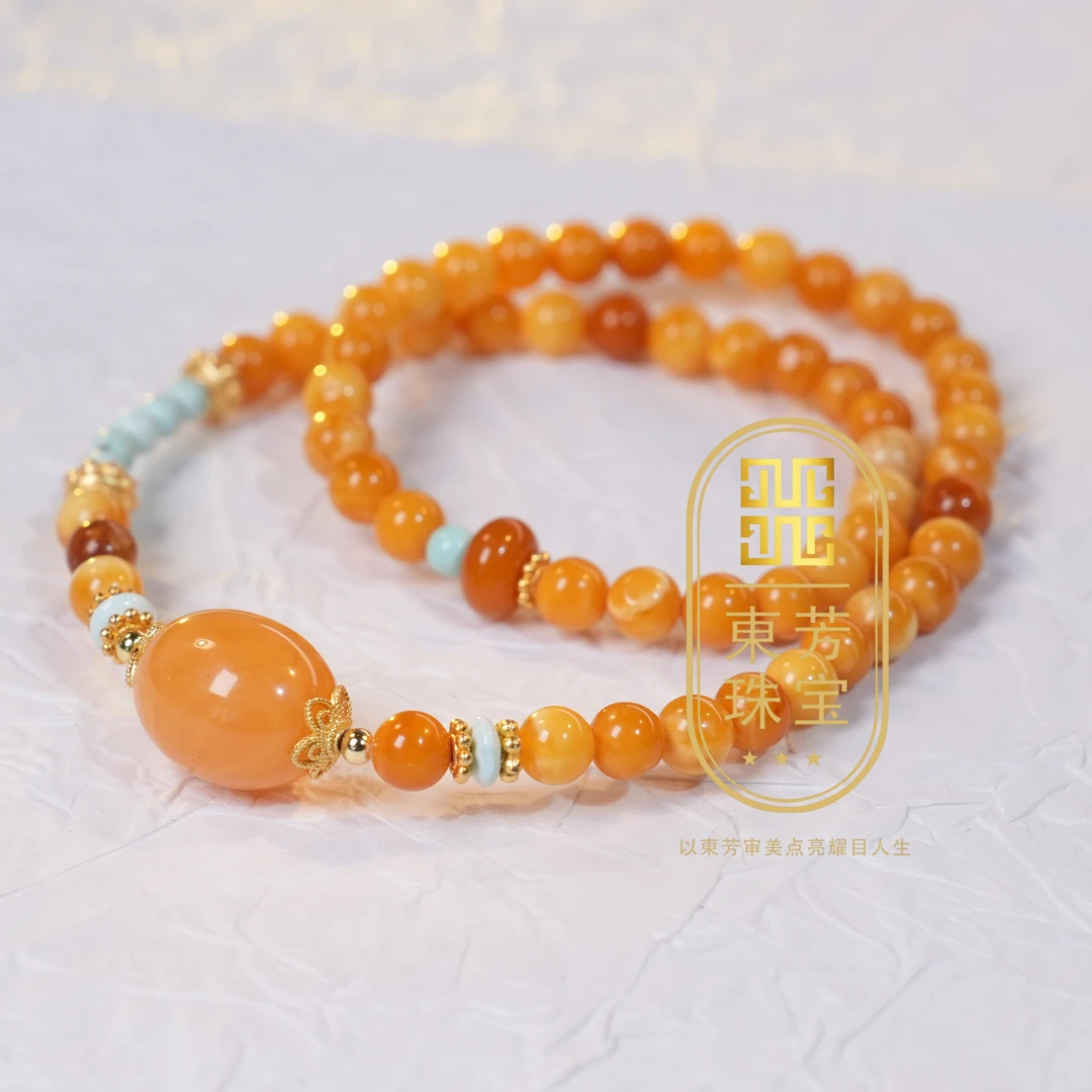 東芳珠宝-天然琥珀蜜蜡花蜡手串DIY双圈花蜡琥珀手串上等蜜蜡琥珀