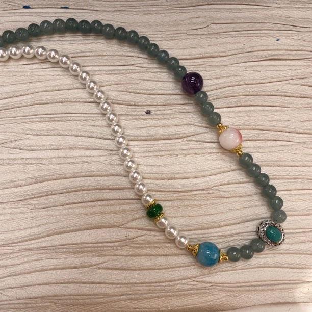 铜合金项链 13505 白色珠珠拼绿色珠珠项链