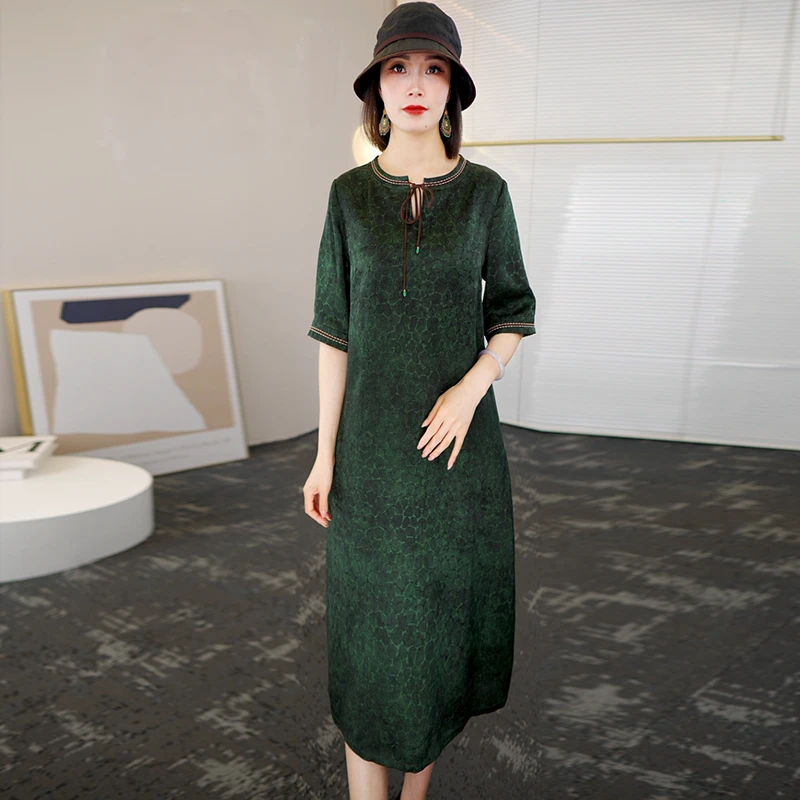 2025夏季非遗服饰大牌香云纱杭州真丝连衣裙女气质妈妈桑蚕丝裙子