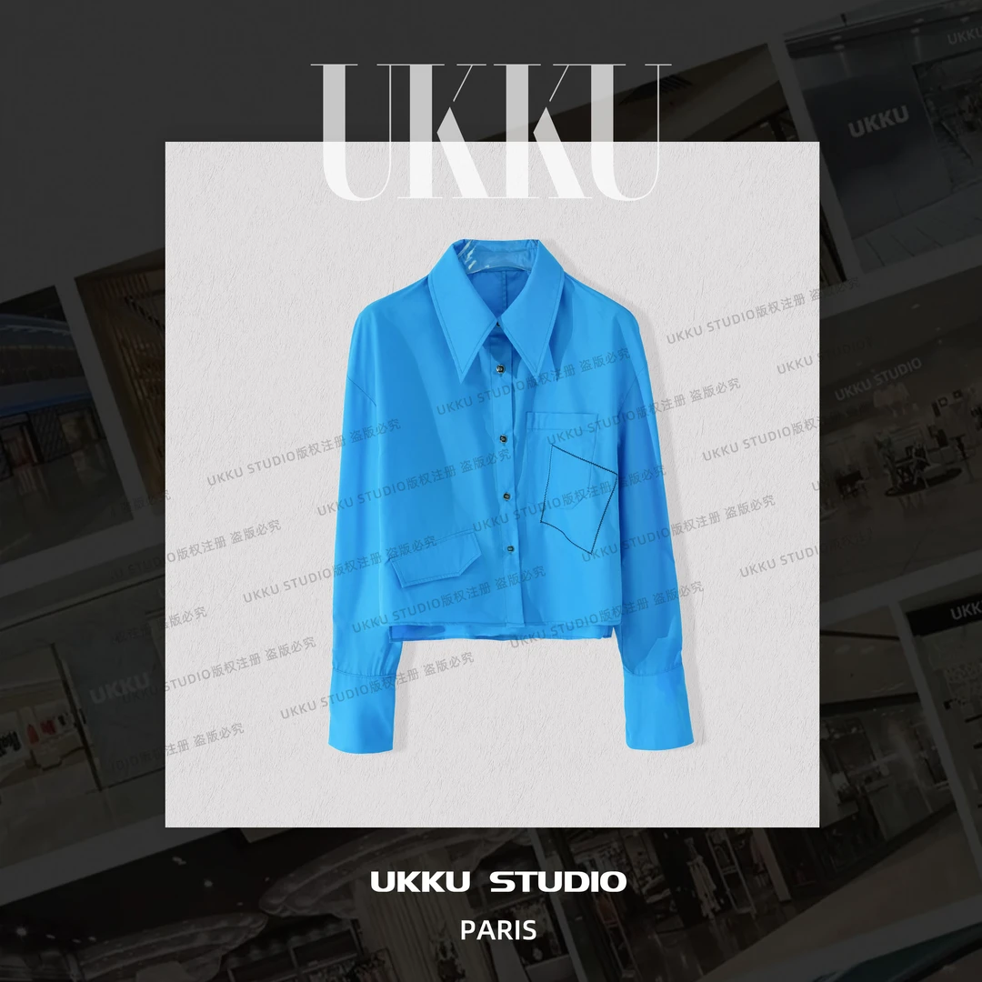 ZJ【UKKUSTUDIO】小众蓝色简约时尚衬衫弧形百搭衬衫914990