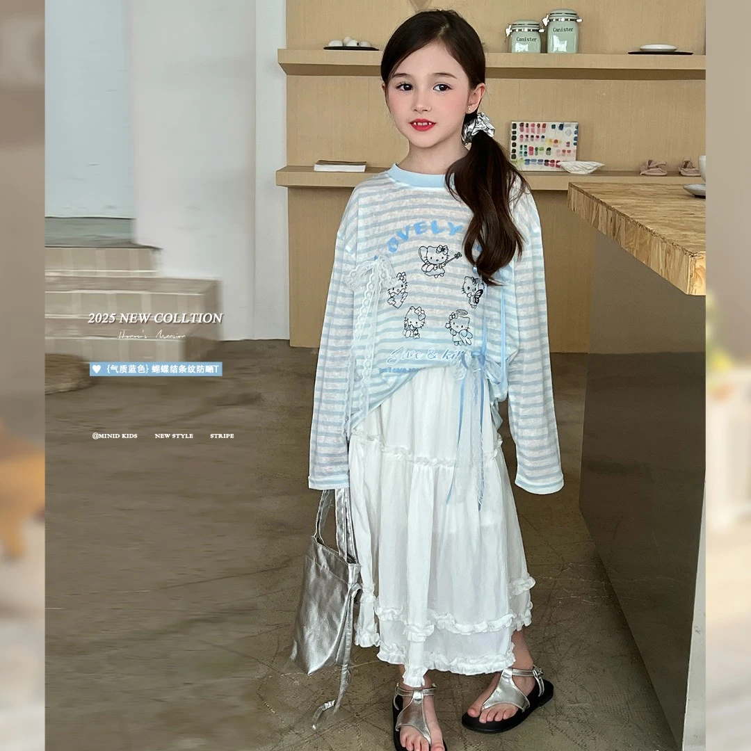 mini旦童装女童长袖T恤夏季新款儿童洋气轻薄立体蝴蝶结长袖上衣