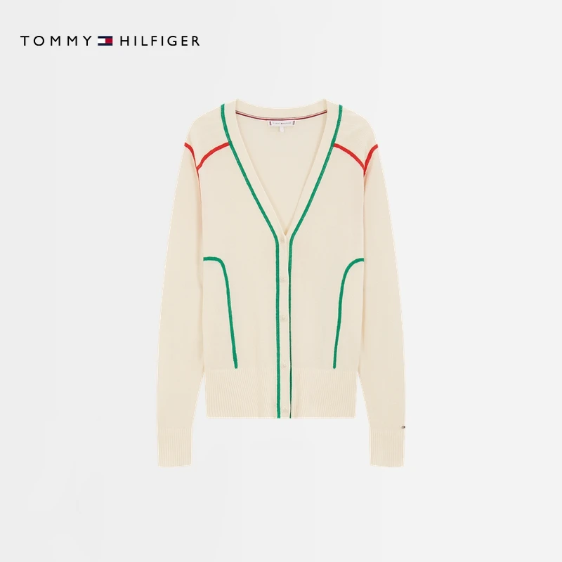 Tommy秋冬女装含桑蚕丝潮流撞色镶边纽扣V领针织开衫外套41464