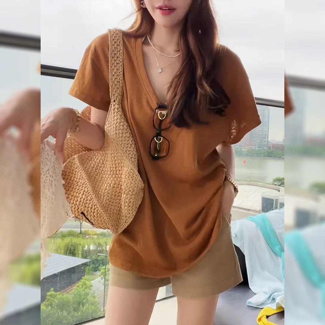 纯色v领落肩短袖t恤女夏季宽松体恤2025新款百搭慵懒宽松打底上衣