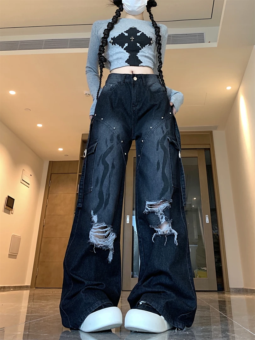 国潮高街破洞设计感牛仔裤女2025春季新款高腰显瘦直筒宽松工装裤