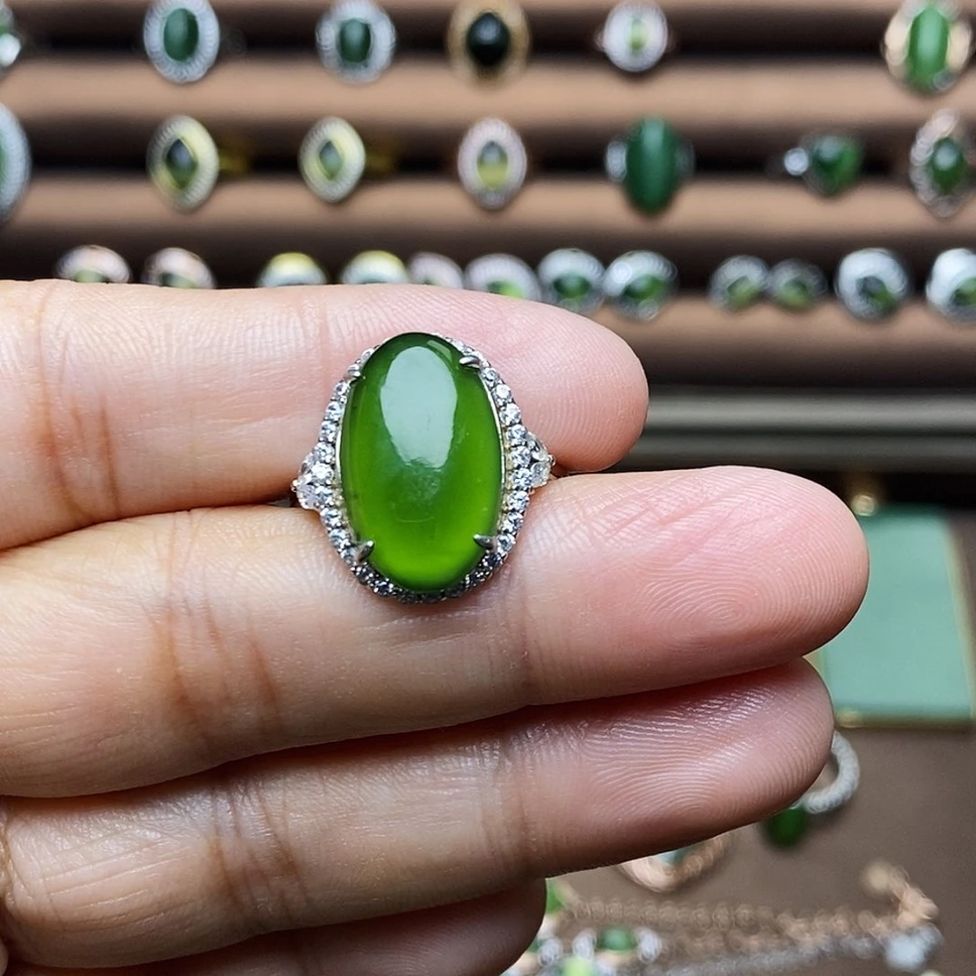 吊坠(不含链)银S925镶嵌和田玉（碧玉）戒指