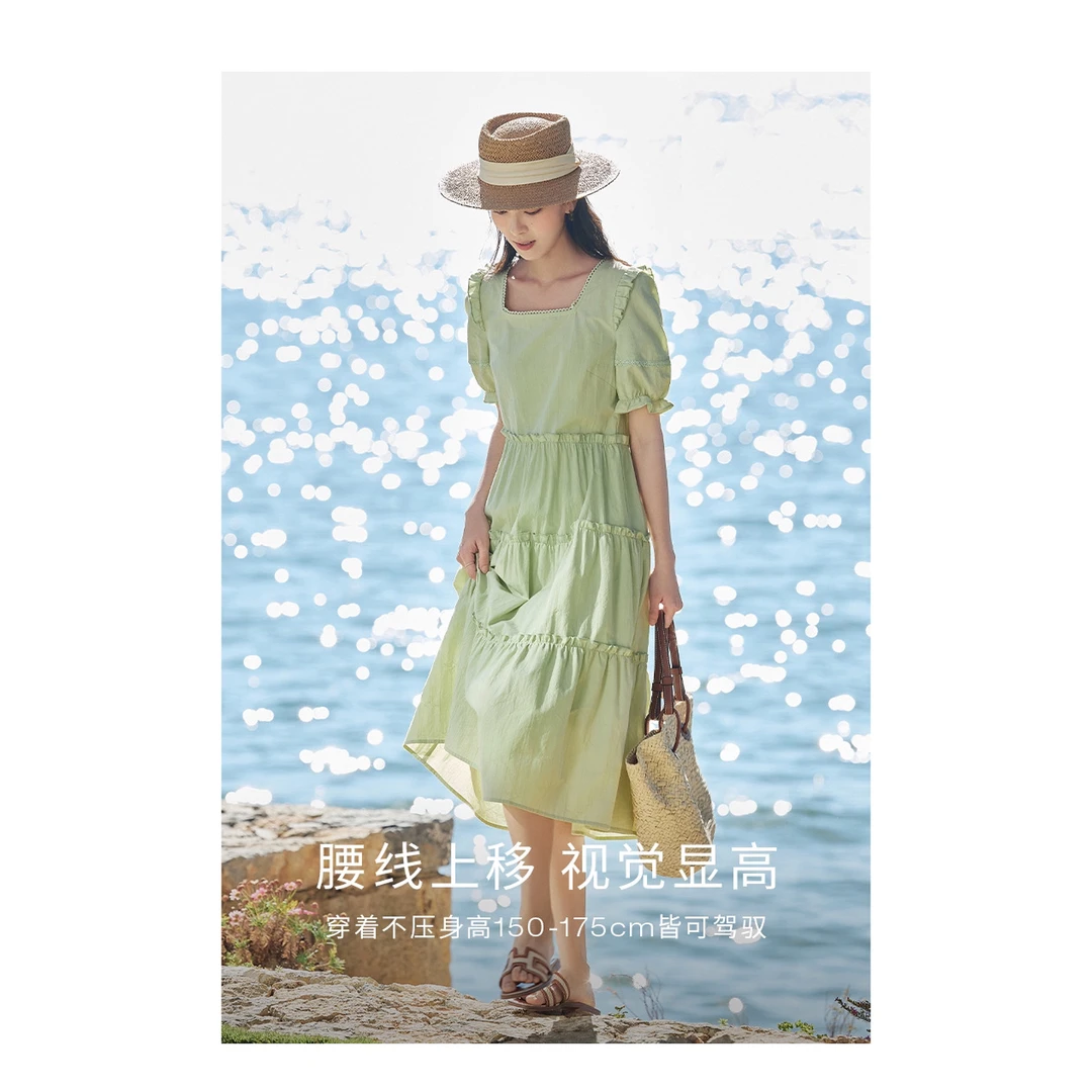 【茵曼服装】茵曼小裙子清凉方领方领泡泡袖蛋糕裙18322365