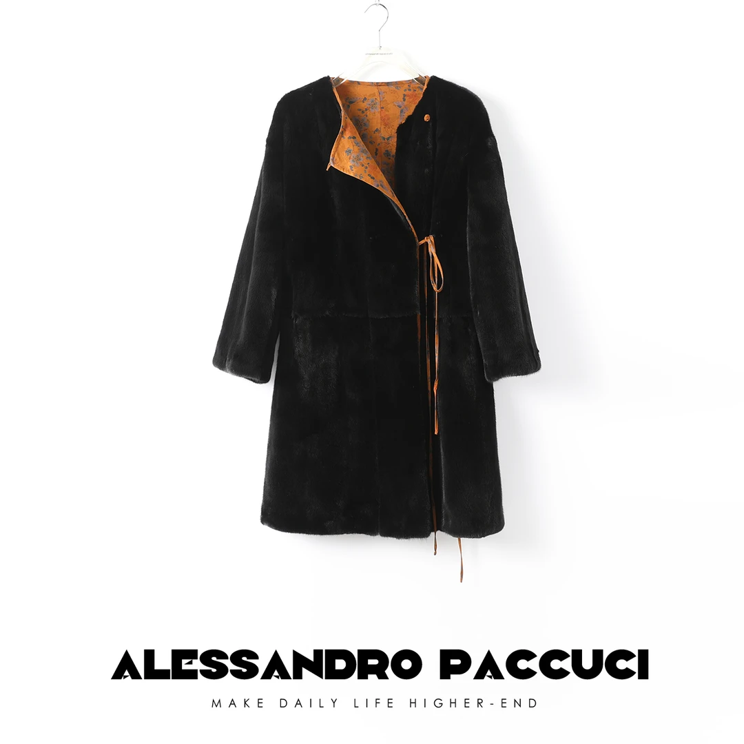 AP洛哥24036宝嘉美水貂重磅真丝香云纱皮草外套