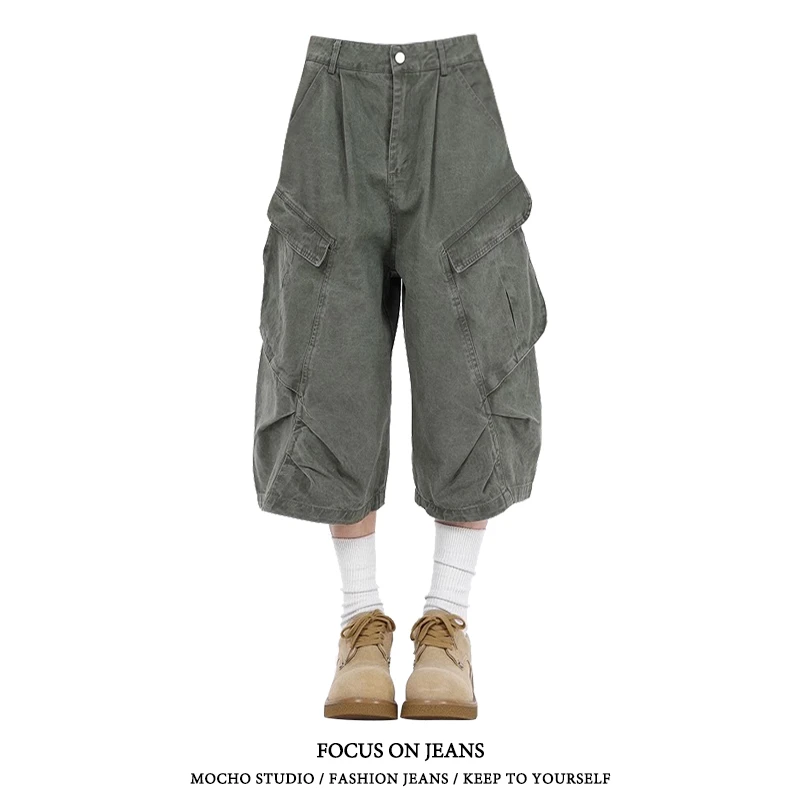 美式复古高街大口袋设计七分裤女夏季宽松显瘦阔腿褶皱工装短裤子