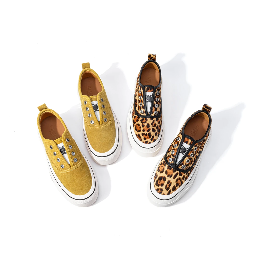 爆款手工鞋真皮豹纹一脚蹬休闲运动厚底时尚百搭女鞋板鞋