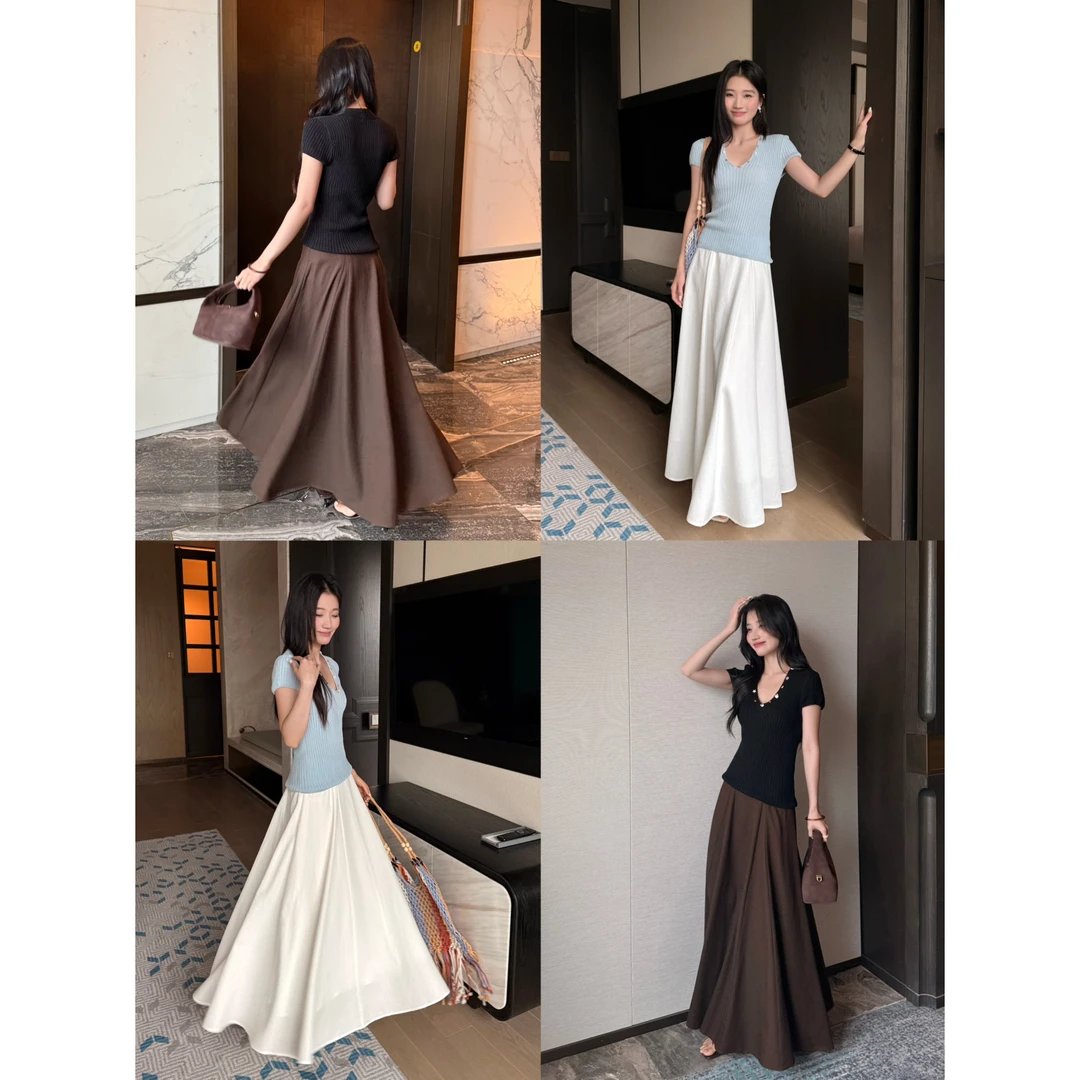 法式高腰显腰线垂感飘逸半身裙夏季新款韩版宽松遮肉百搭A字长裙