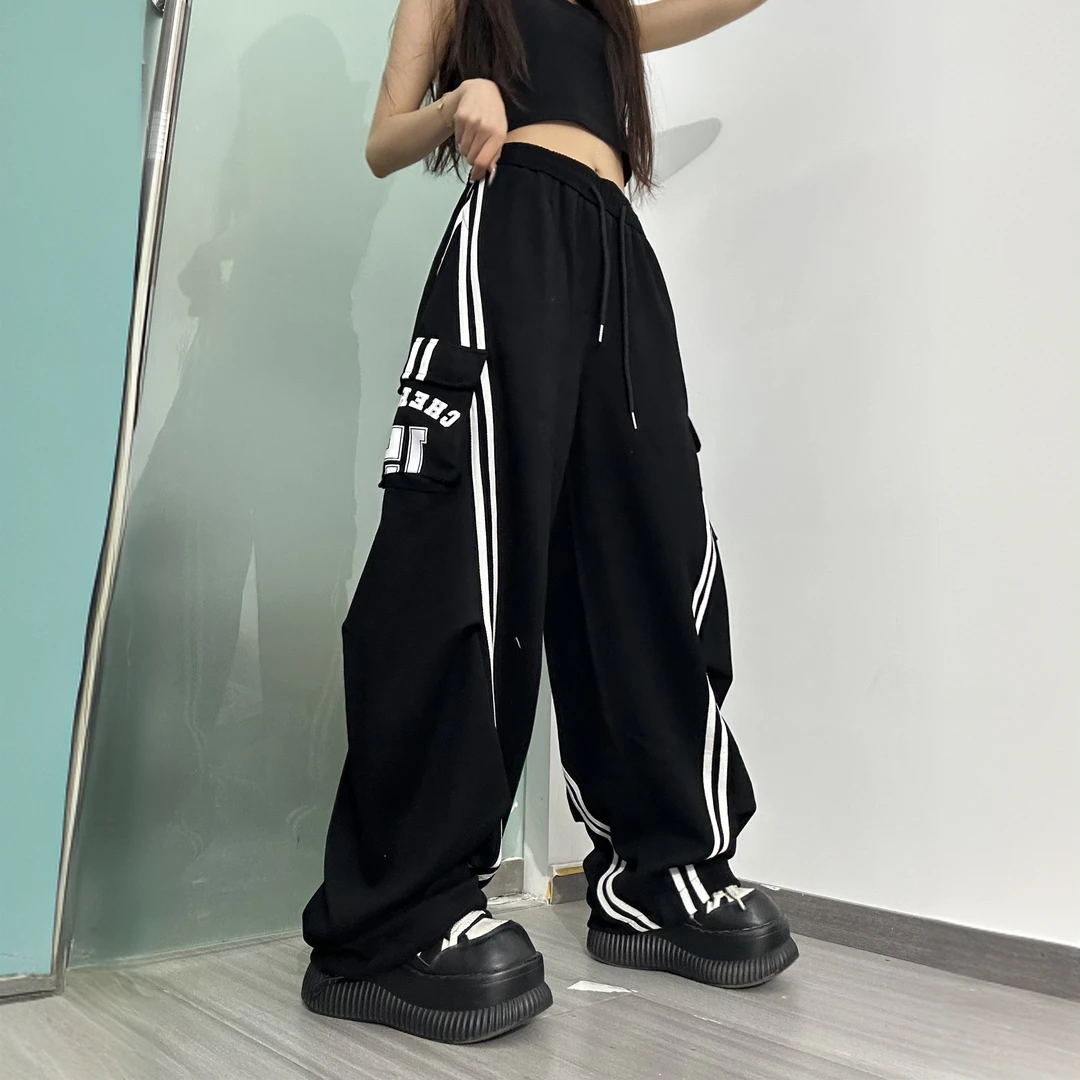 美式拼接条纹工装裤女运动裤秋款抽绳拖地休闲阔腿裤女款裤子