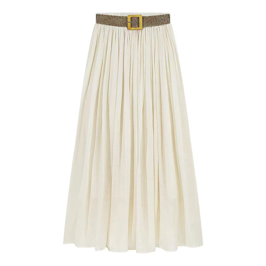 [西湖诗语]2025夏季腰带裙子新款高腰显瘦文艺半身长裙