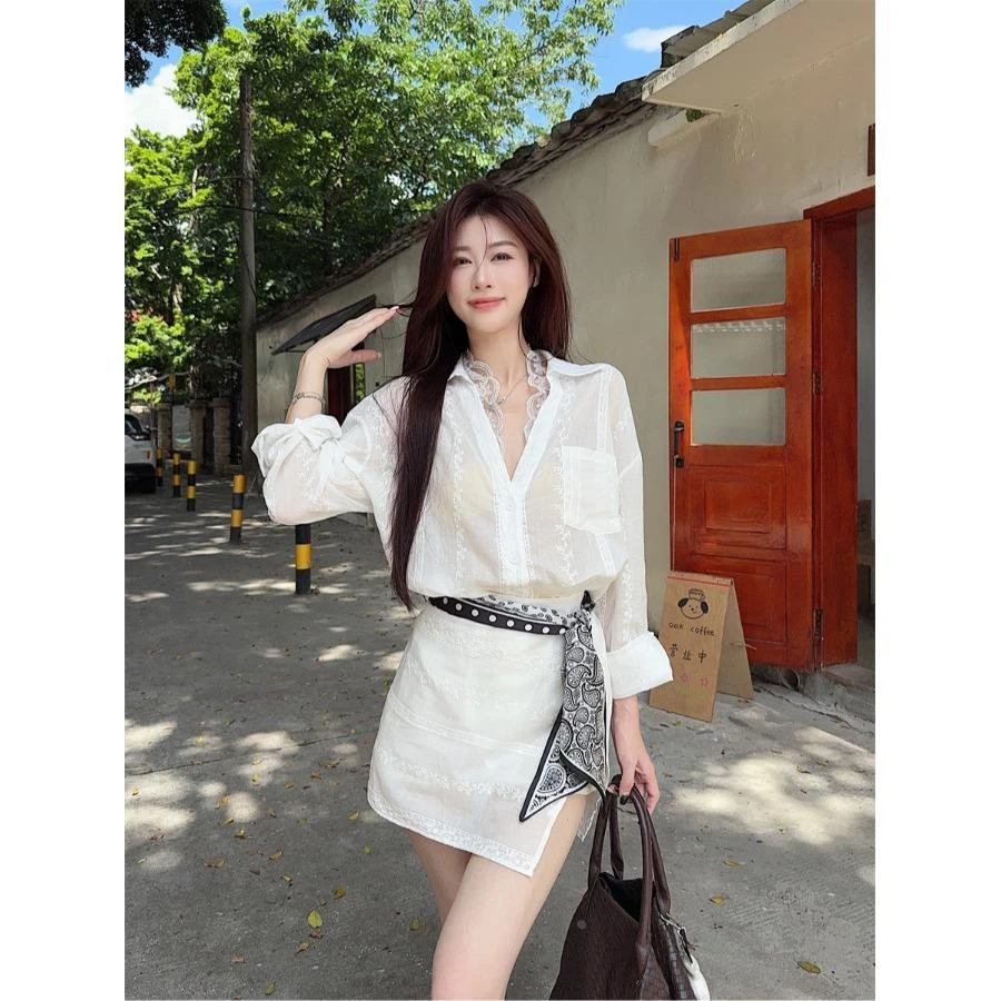 法式气质白色套装女夏季2025新款防晒长袖衬衫高腰裙裤提花两件套