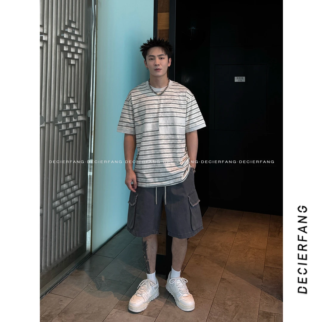 条纹T恤短袖2025新款夏季百搭简约男生休闲套头上衣