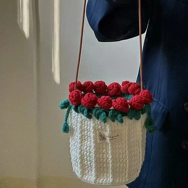 玫瑰花束毯子水桶包手工diy钩针编织材料包毛线针织斜挎包手作勾