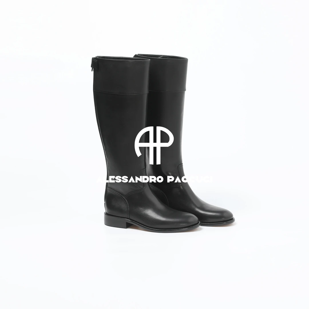 AP洛哥53124XC【圆头骑士靴】牛皮+羊皮平底后拉链黑色时尚百搭长靴