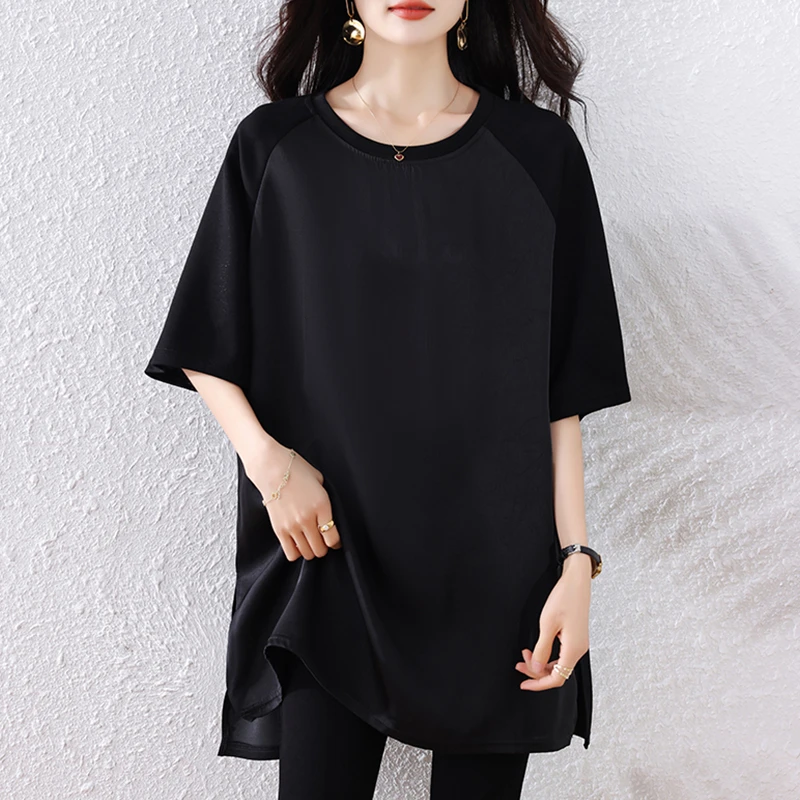 黑色圆领轻奢短袖t恤女夏季2025新款宽松显瘦时尚洋气高级感上衣