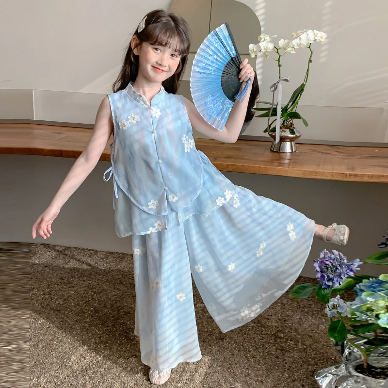 2025夏季新款女童国风薄纱裤裙两件套水墨印花汉服两件套中式裙裤