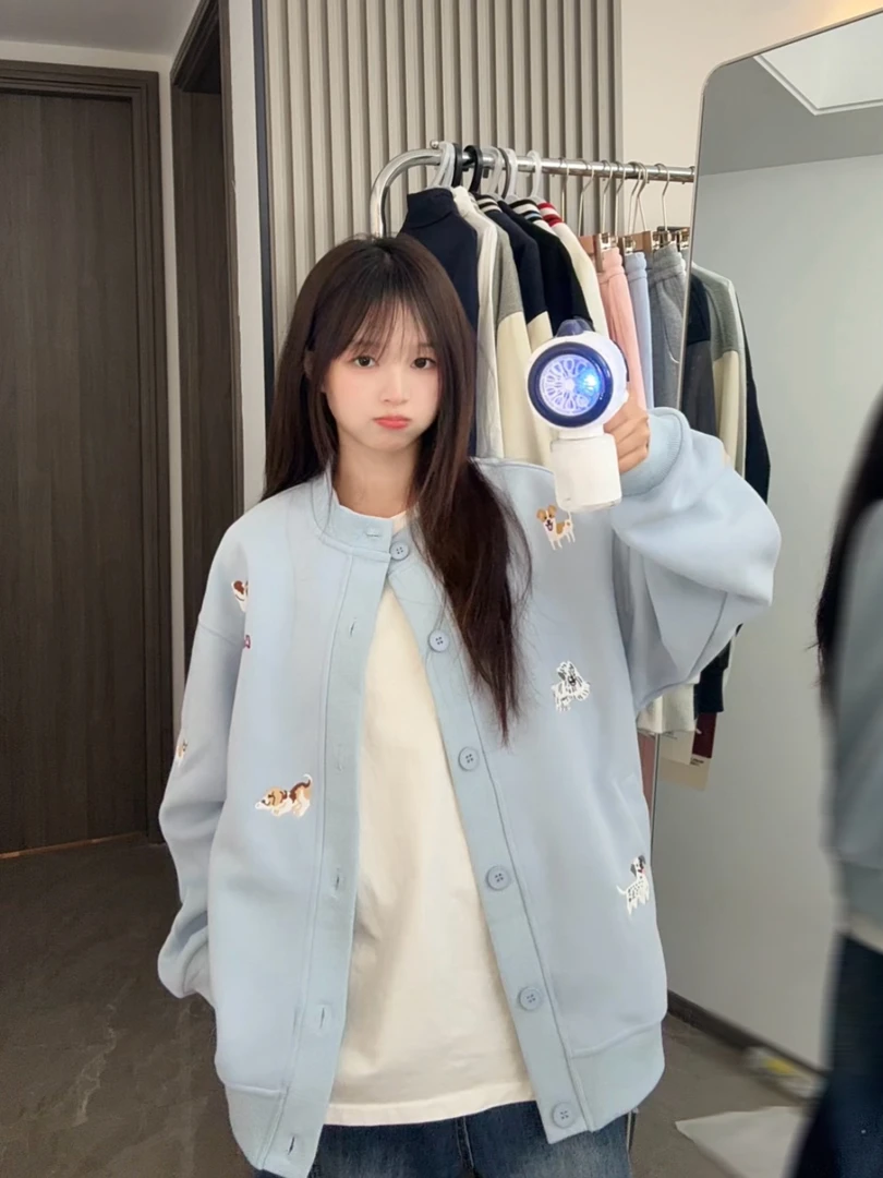 小狗绣花开衫夹克男女2025新款秋季情侣款潮流上衣外套休闲宽松