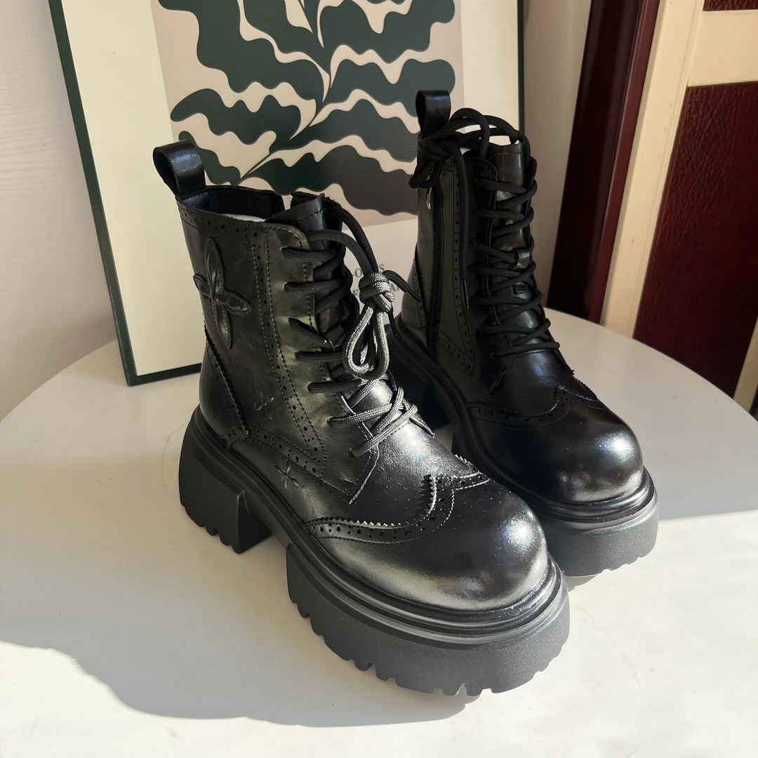 厚底圆头系带马丁靴女英伦风秋冬季加绒短靴真皮复古百搭时尚大棉