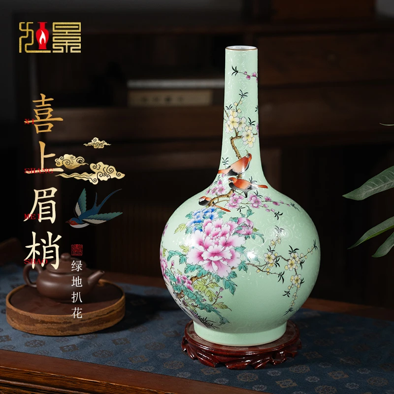 手绘扒花花鸟胆瓶中式客厅博古架摆件景德镇陶瓷器花瓶高档装饰品