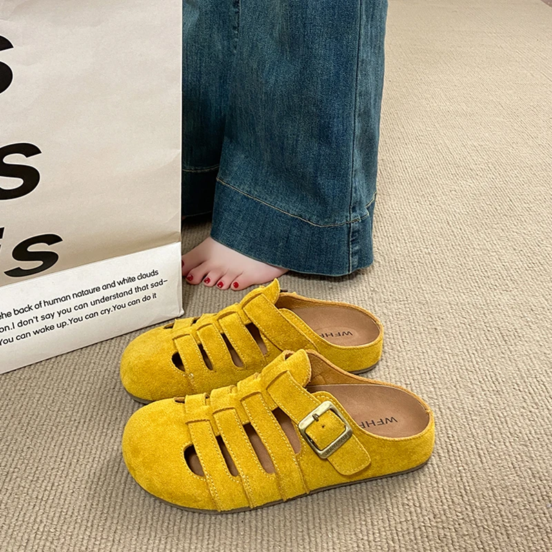 镂空包头半拖鞋女2025春夏新款厚底勃肯鞋一脚蹬透气懒人休闲凉拖