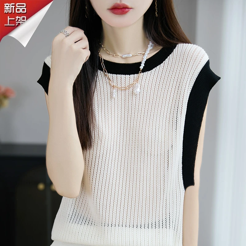 品牌夏季薄款无袖圆领韩系小香风针织T恤拼色减龄洋气百搭上衣