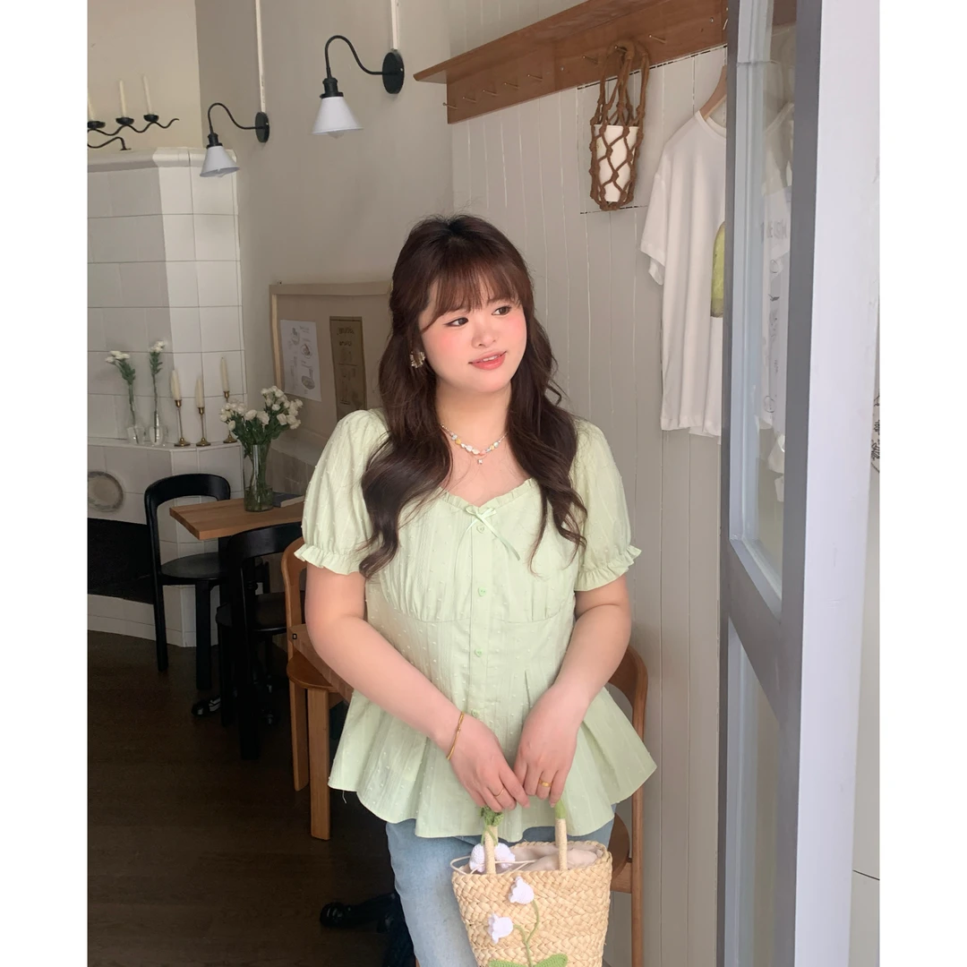 【香草冰淇淋】大头婷微胖夏季衬衫净版方领收腰短袖上衣