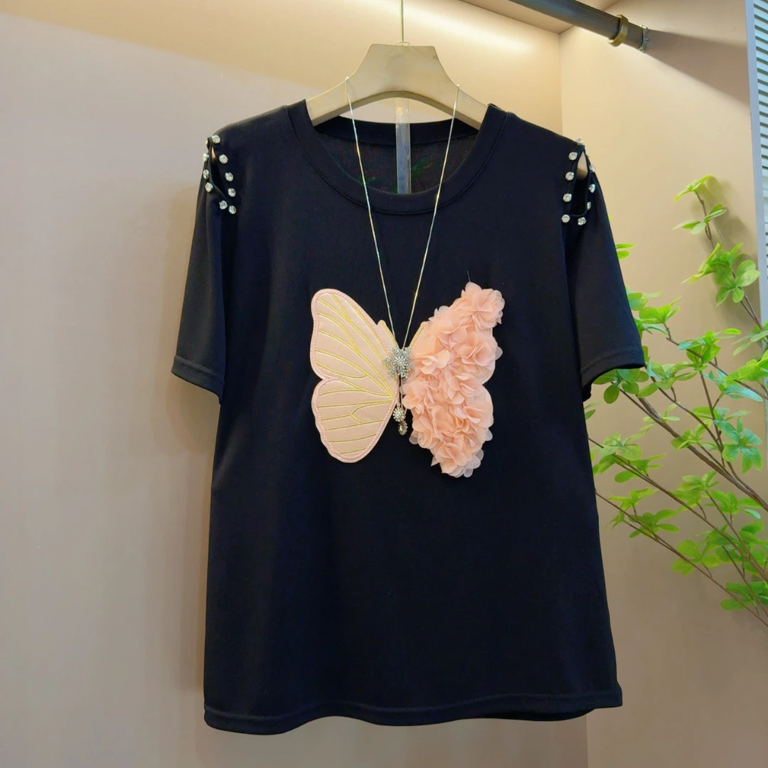 2025年夏季新款气质时尚镂空带钻蝴蝶休闲短袖上衣（衣长64左右）